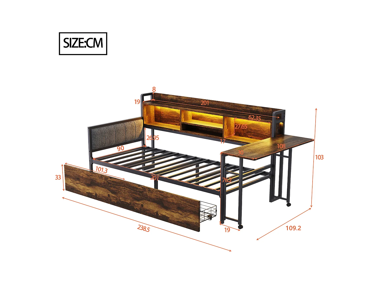 Divano letto color legno scuro 90x20cm con 2 cassetti, illuminazione a LED, scrivania pieghevole e presa elettrica, legno + metallo