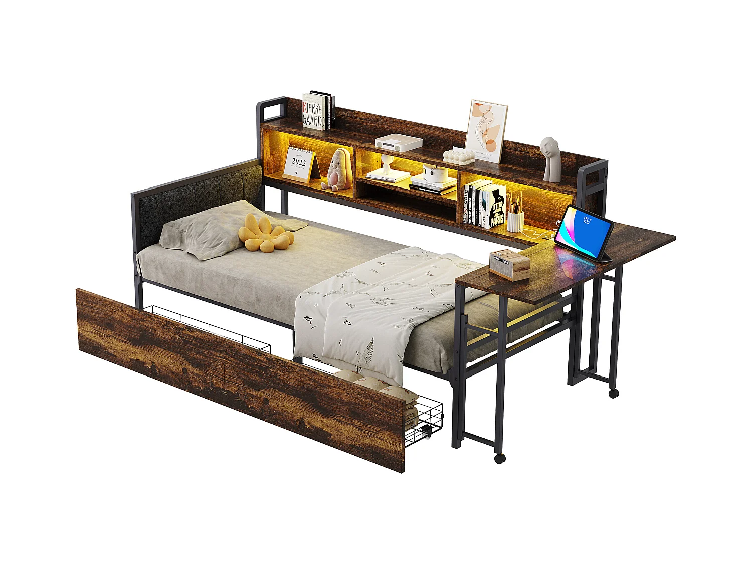 Divano letto color legno scuro 90x20cm con 2 cassetti, illuminazione a LED, scrivania pieghevole e presa elettrica, legno + metallo