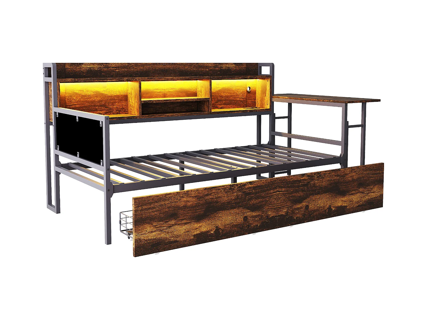 Divano letto color legno scuro 90x20cm con 2 cassetti, illuminazione a LED, scrivania pieghevole e presa elettrica, legno + metallo