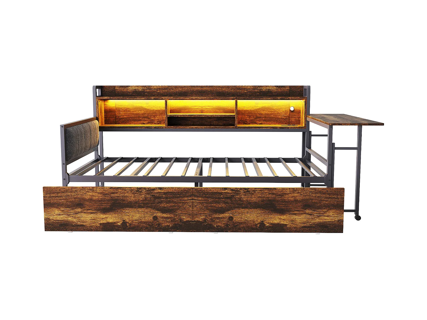 Divano letto color legno scuro 90x20cm con 2 cassetti, illuminazione a LED, scrivania pieghevole e presa elettrica, legno + metallo