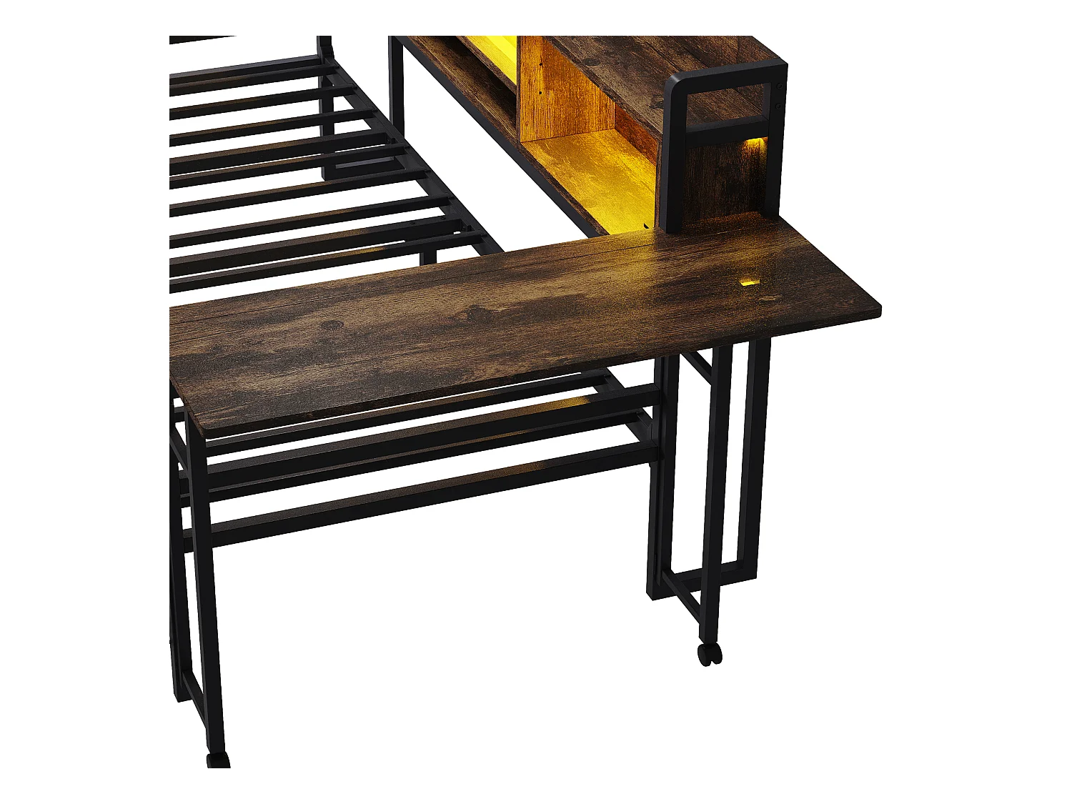 Divano letto color legno scuro 90x20cm con 2 cassetti, illuminazione a LED, scrivania pieghevole e presa elettrica, legno + metallo