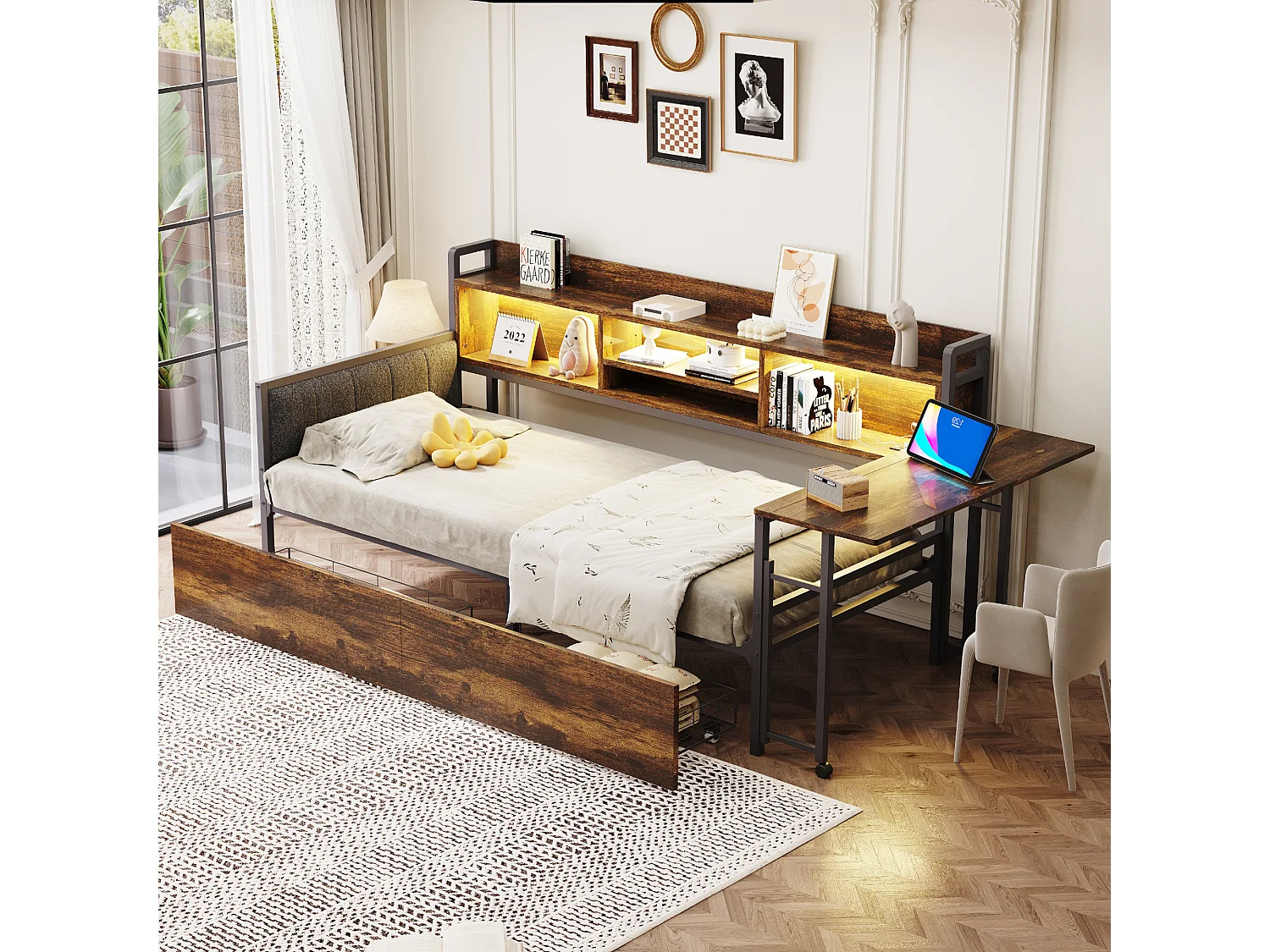 Donkere houtkleurige slaapbank 90x20cm met 2 lades, ledverlichting, opklapbaar bureau en stopcontact, hout + metaal