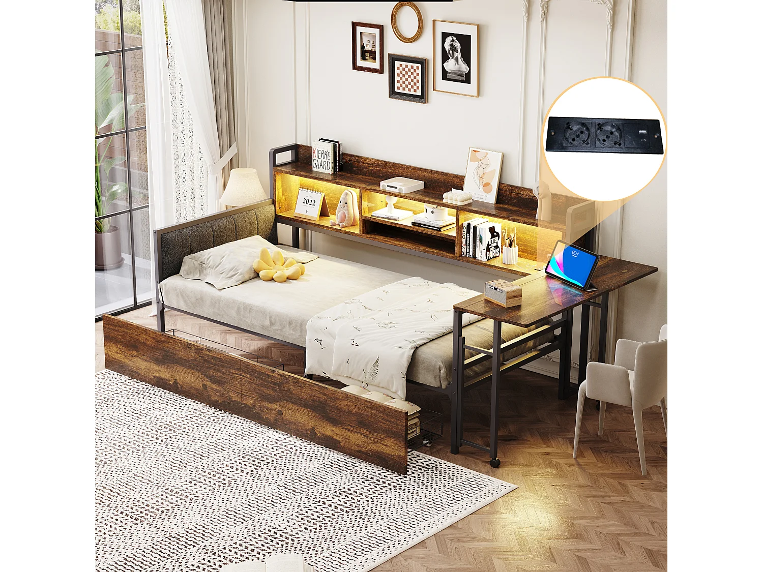 Donkere houtkleurige slaapbank 90x20cm met 2 lades, ledverlichting, opklapbaar bureau en stopcontact, hout + metaal