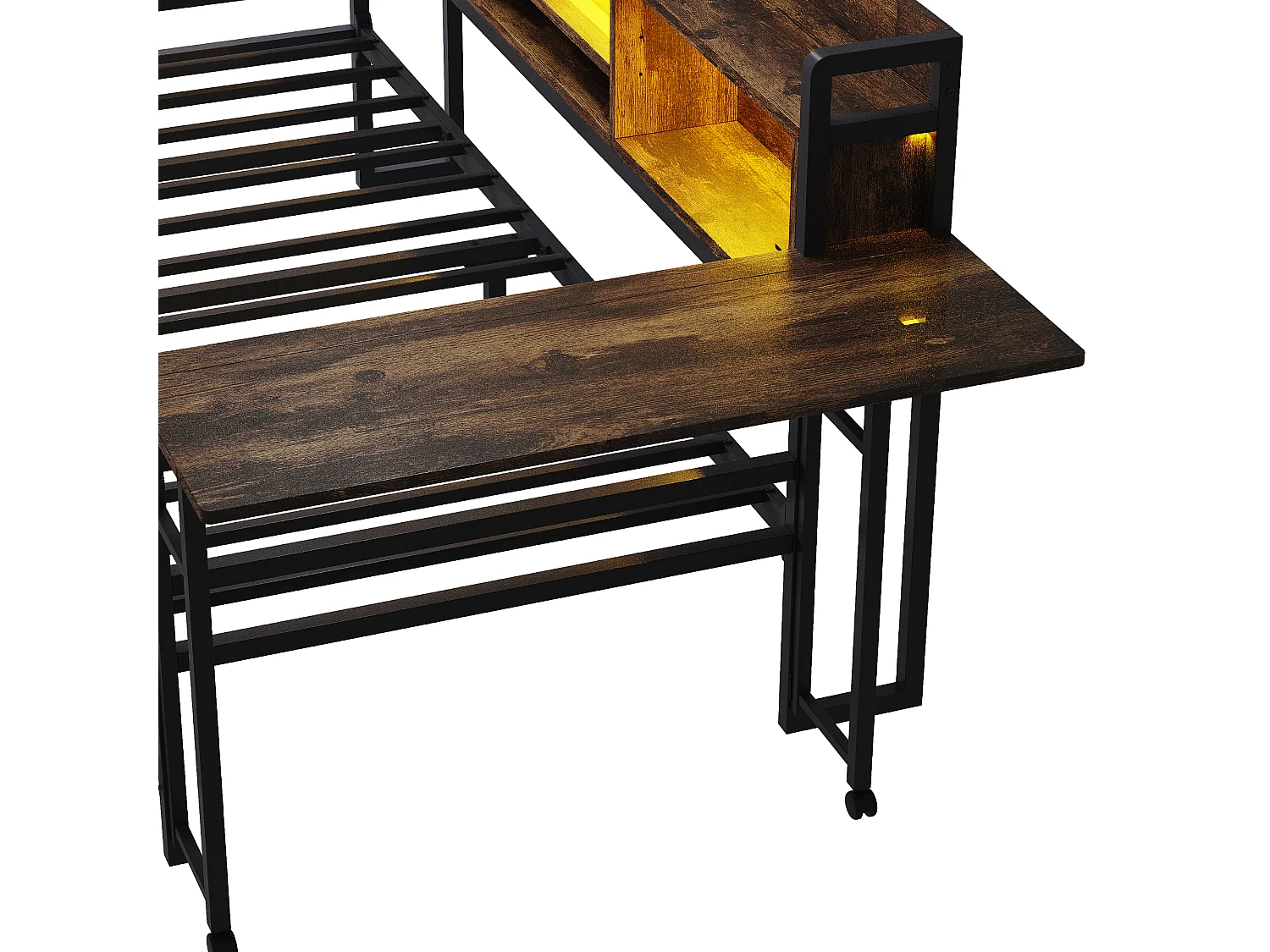 Donkere houtkleurige slaapbank 90x20cm met 2 lades, ledverlichting, opklapbaar bureau en stopcontact, hout + metaal