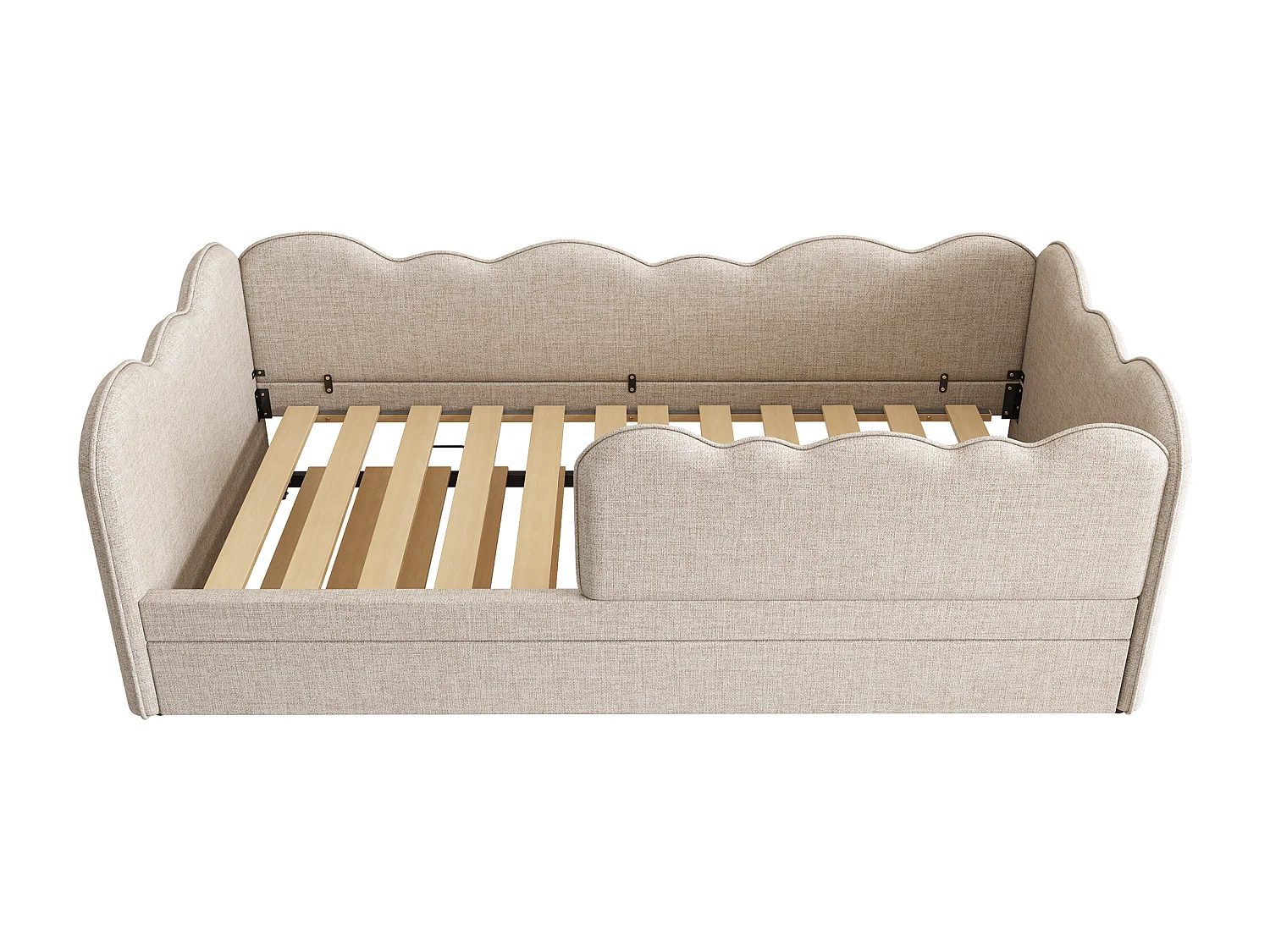 Lit banquette 90x190cm avec lit gigogne 90x190cm, forme nuage, tissu lin beige