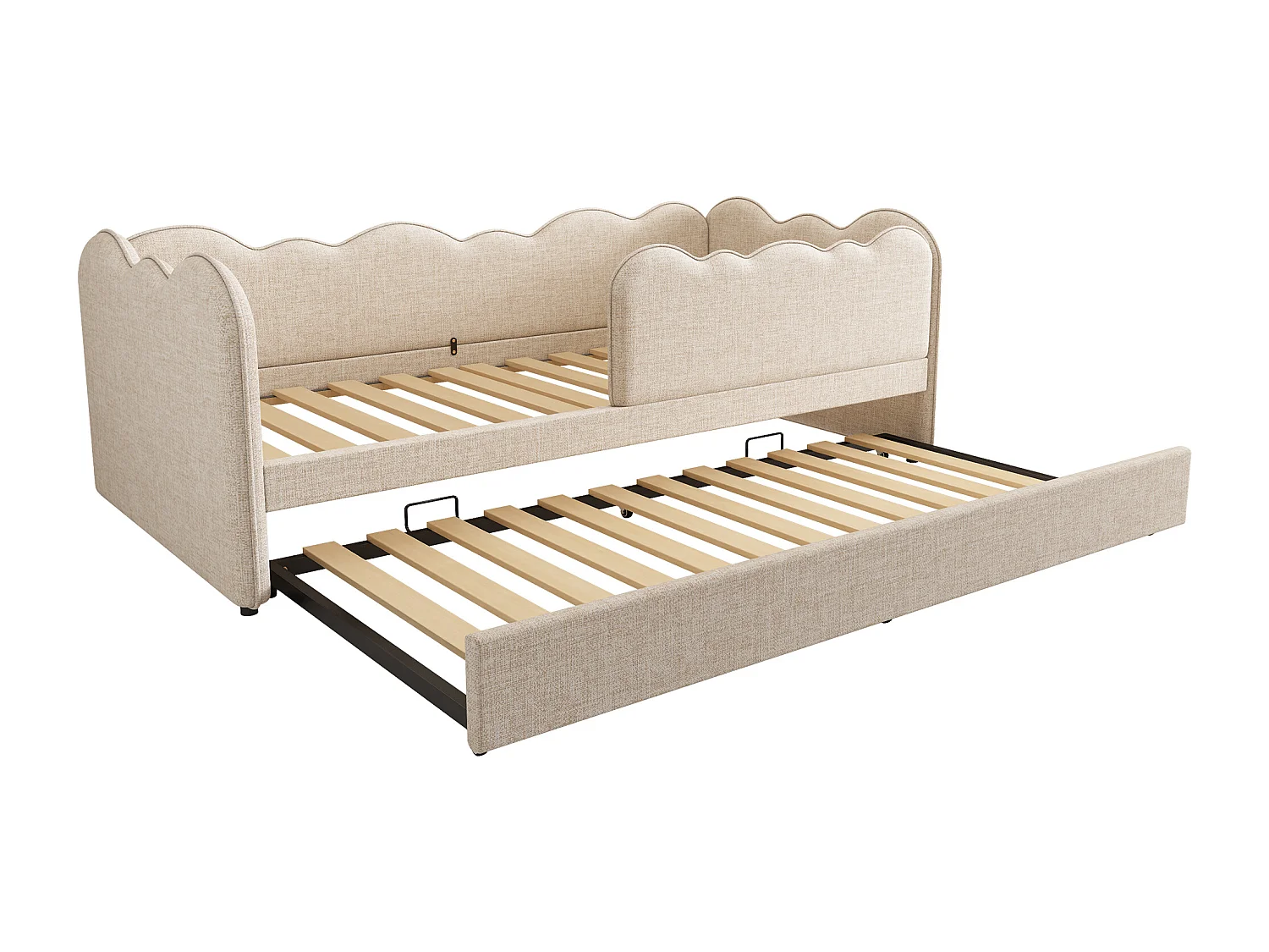 Lit banquette 90x190cm avec lit gigogne 90x190cm, forme nuage, tissu lin beige