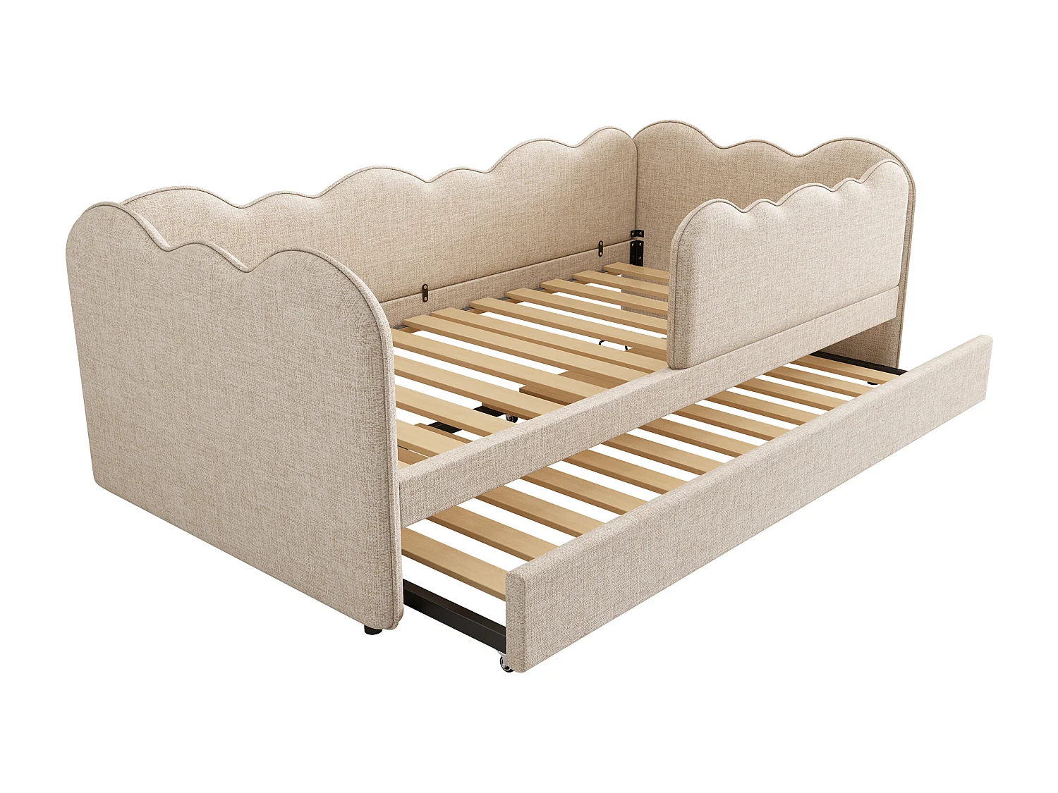 Lit banquette 90x190cm avec lit gigogne 90x190cm, forme nuage, tissu lin beige