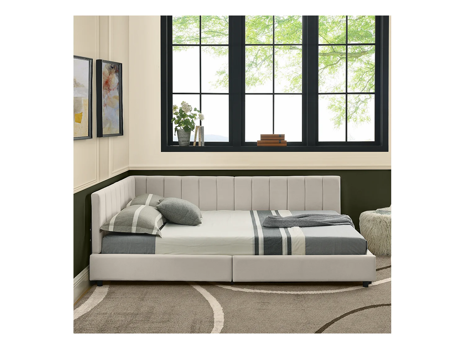 Tweepersoons slaapbank 160x200cm met hoge rugleuning, lattenbodem, beige fluweel