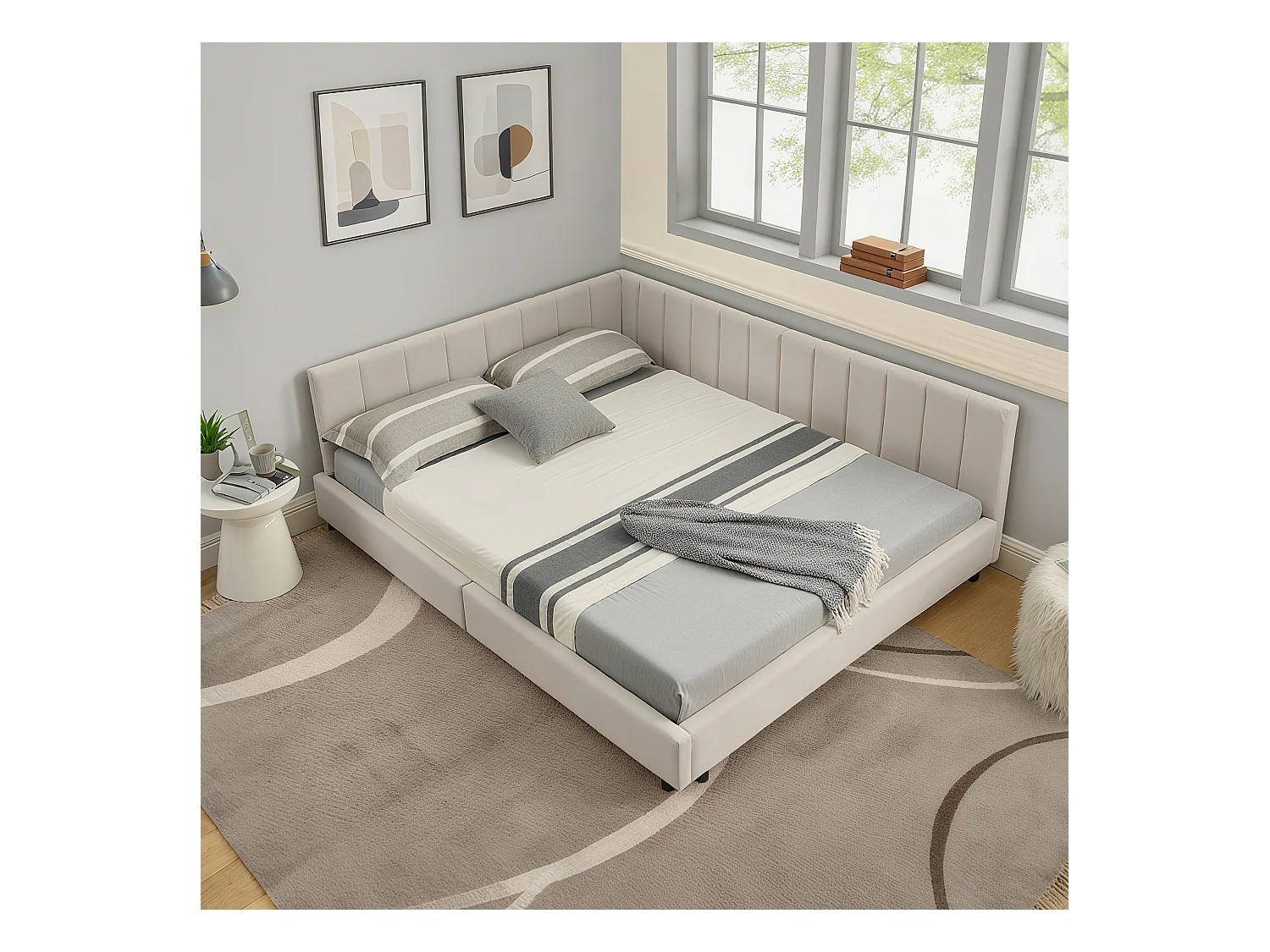 Tweepersoons slaapbank 160x200cm met hoge rugleuning, lattenbodem, beige fluweel