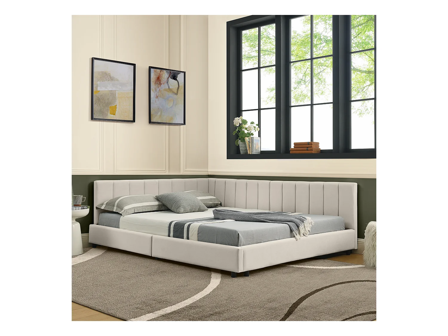 Tweepersoons slaapbank 160x200cm met hoge rugleuning, lattenbodem, beige fluweel