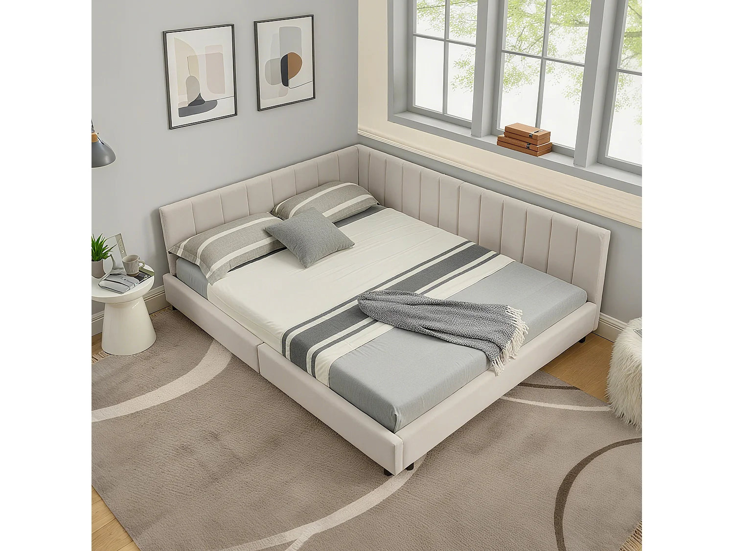 Lit banquette double 160x200cm avec dossier haut, sommier à lattes, velours beige