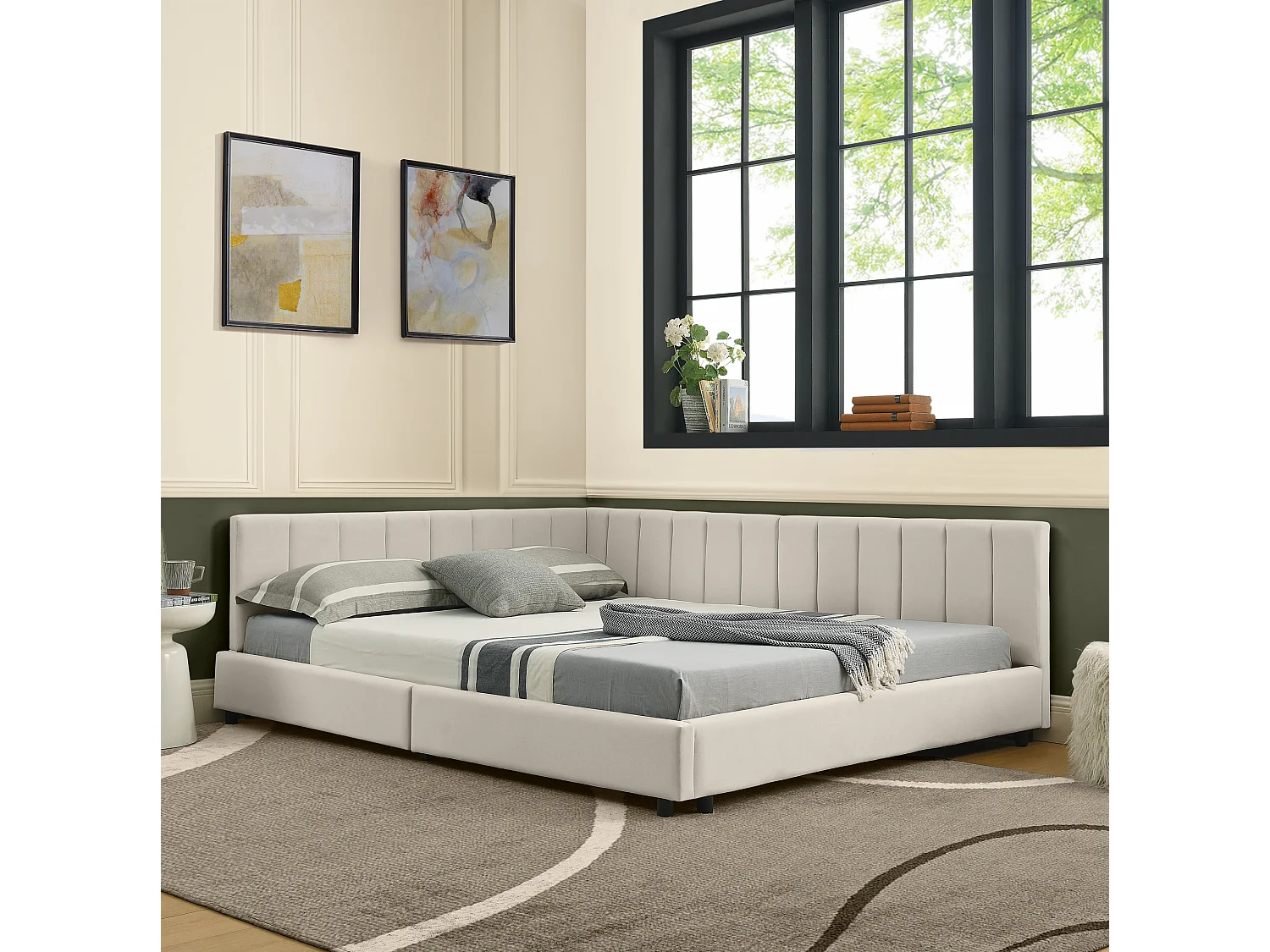 Lit banquette double 160x200cm avec dossier haut, sommier à lattes, velours beige