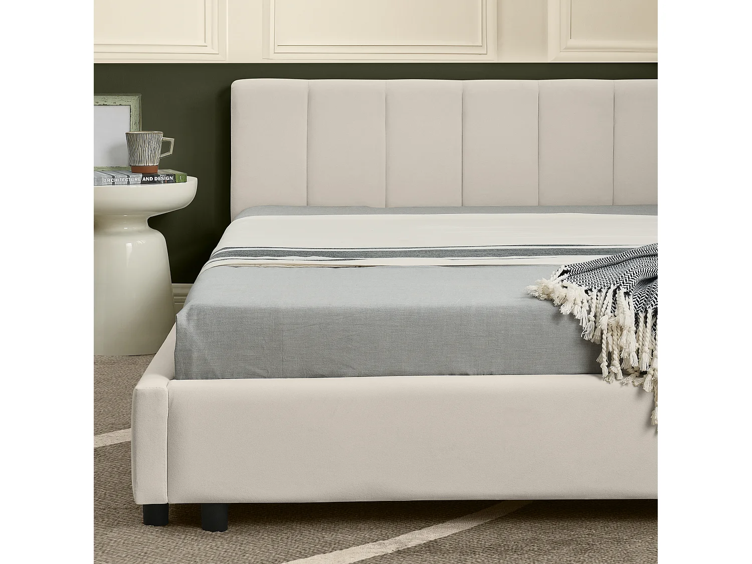 Lit banquette double 160x200cm avec dossier haut, sommier à lattes, velours beige