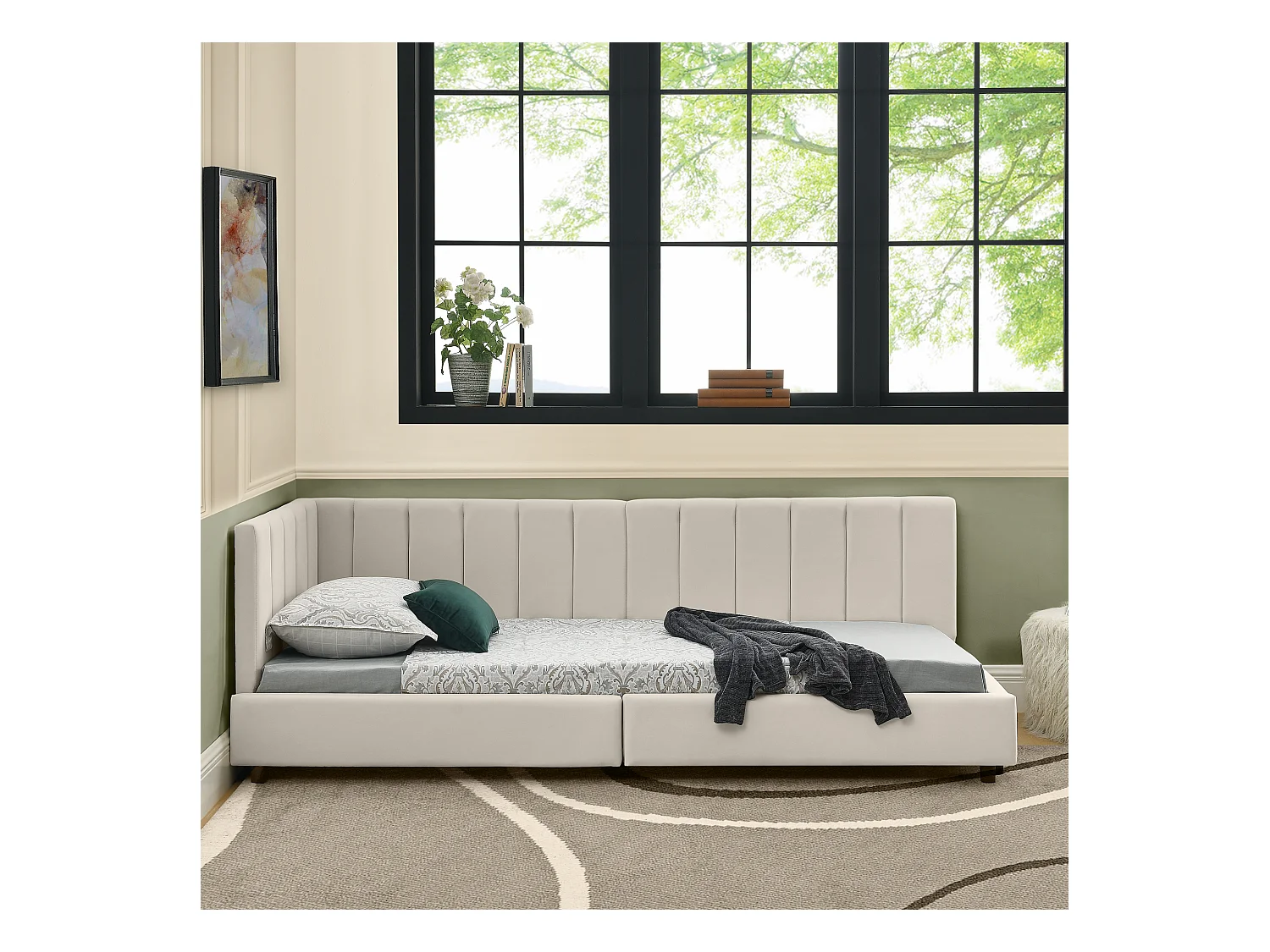 Eenpersoons slaapbank 90x200cm met hoge rugleuning, lattenbodem, beige fluweel