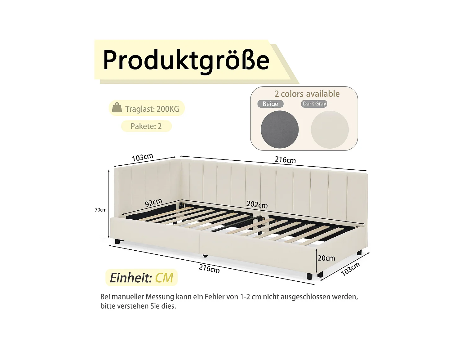 Eenpersoons slaapbank 90x200cm met hoge rugleuning, lattenbodem, beige fluweel