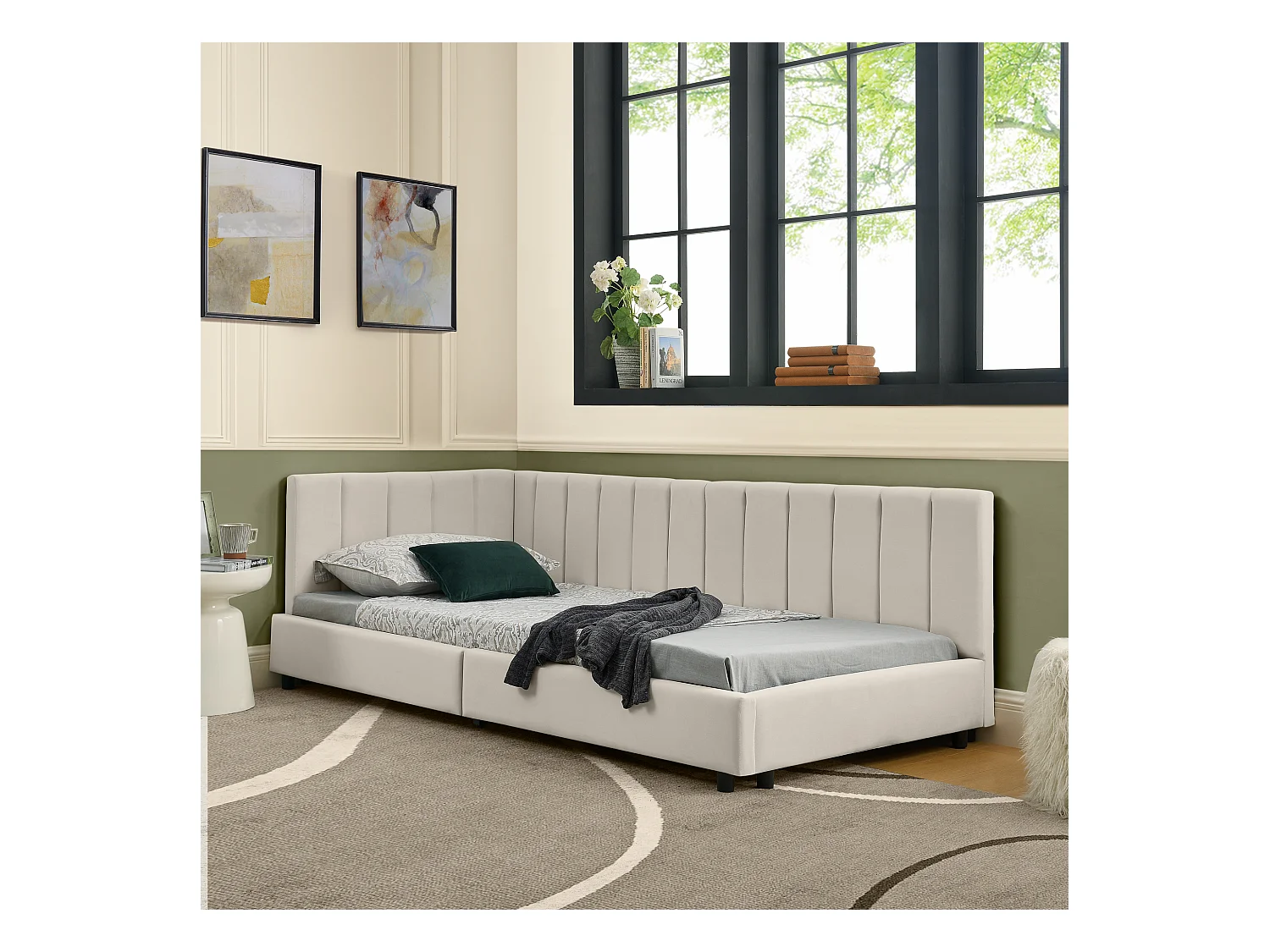 Eenpersoons slaapbank 90x200cm met hoge rugleuning, lattenbodem, beige fluweel