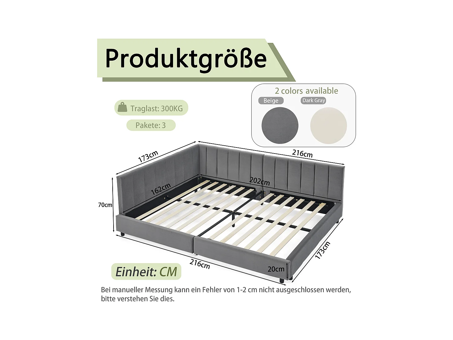 Tweepersoons slaapbank 160x200cm met hoge rugleuning, lattenbodem, grijs fluweel