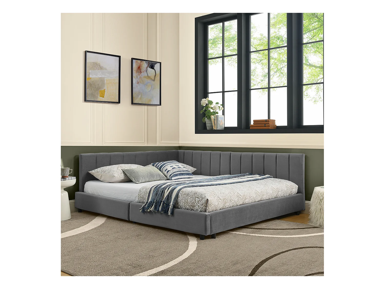 Tweepersoons slaapbank 160x200cm met hoge rugleuning, lattenbodem, grijs fluweel