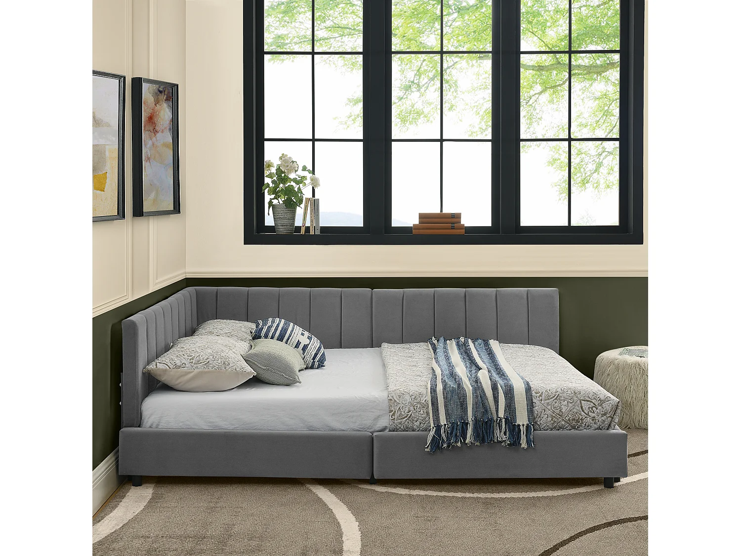 Lit banquette double 160x200cm avec dossier haut, sommier à lattes, velours gris