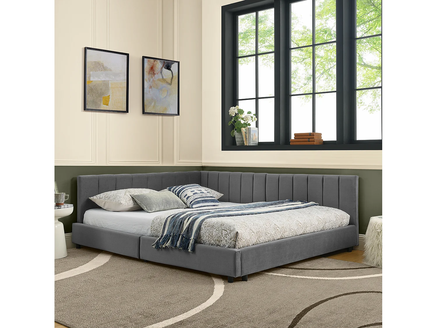 Lit banquette double 160x200cm avec dossier haut, sommier à lattes, velours gris