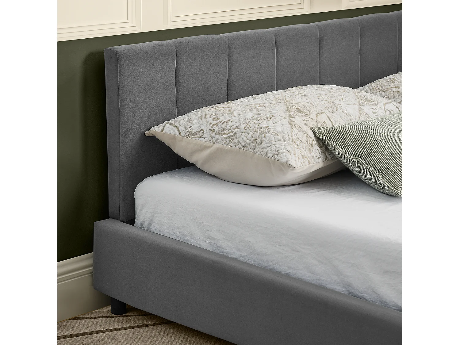 Lit banquette double 160x200cm avec dossier haut, sommier à lattes, velours gris