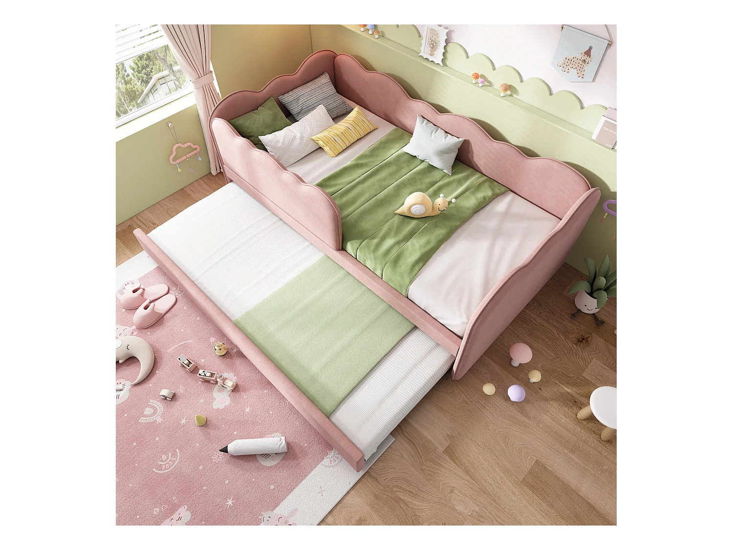 Divano letto 90x190cm con letto estraibile 90x190cm, a forma di nuvola, tessuto di lino rosa