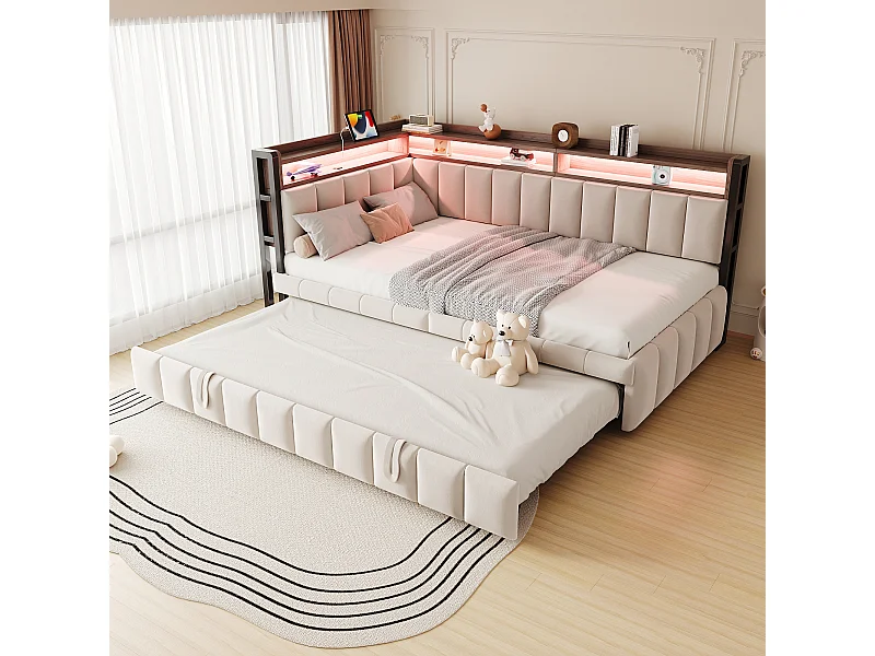 Lit banquette 90x200cm avec lit gigogne 90x190cm, éclairage LED, ports USB et Type-C, rangement, tissu velours beige