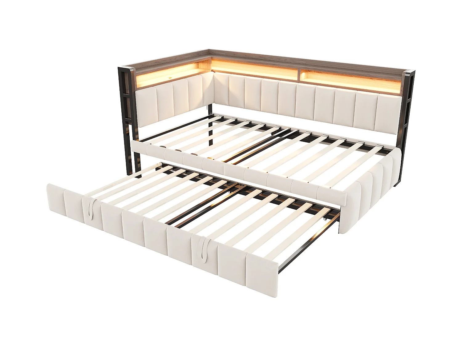 Lit banquette 90x200cm avec lit gigogne 90x190cm, éclairage LED, ports USB et Type-C, rangement, tissu velours beige