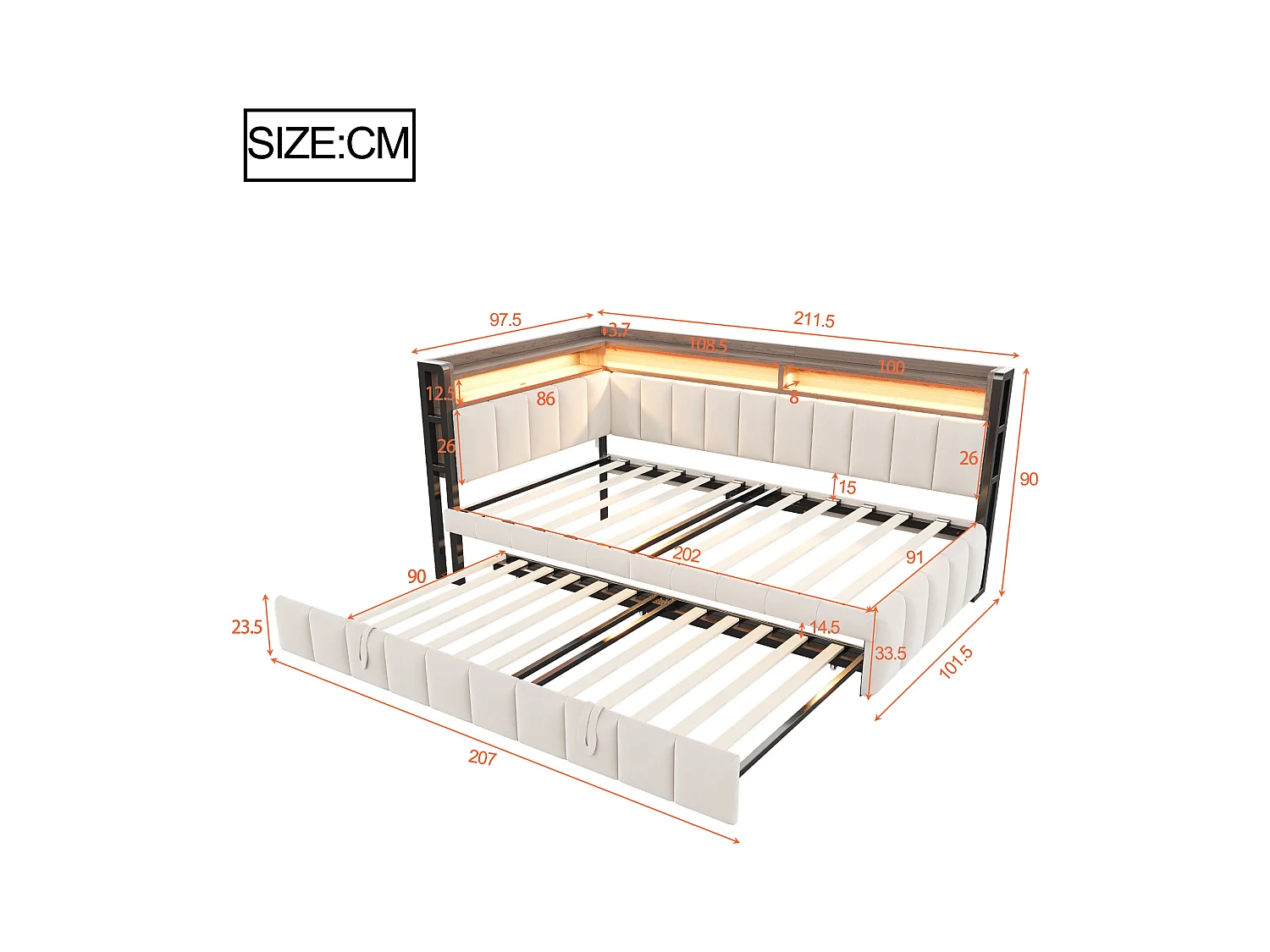 Lit banquette 90x200cm avec lit gigogne 90x190cm, éclairage LED, ports USB et Type-C, rangement, tissu velours beige