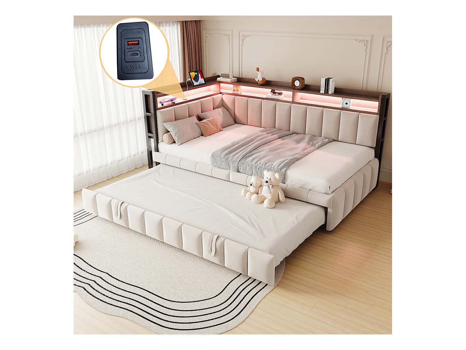 Lit banquette 90x200cm avec lit gigogne 90x190cm, éclairage LED, ports USB et Type-C, rangement, tissu velours beige