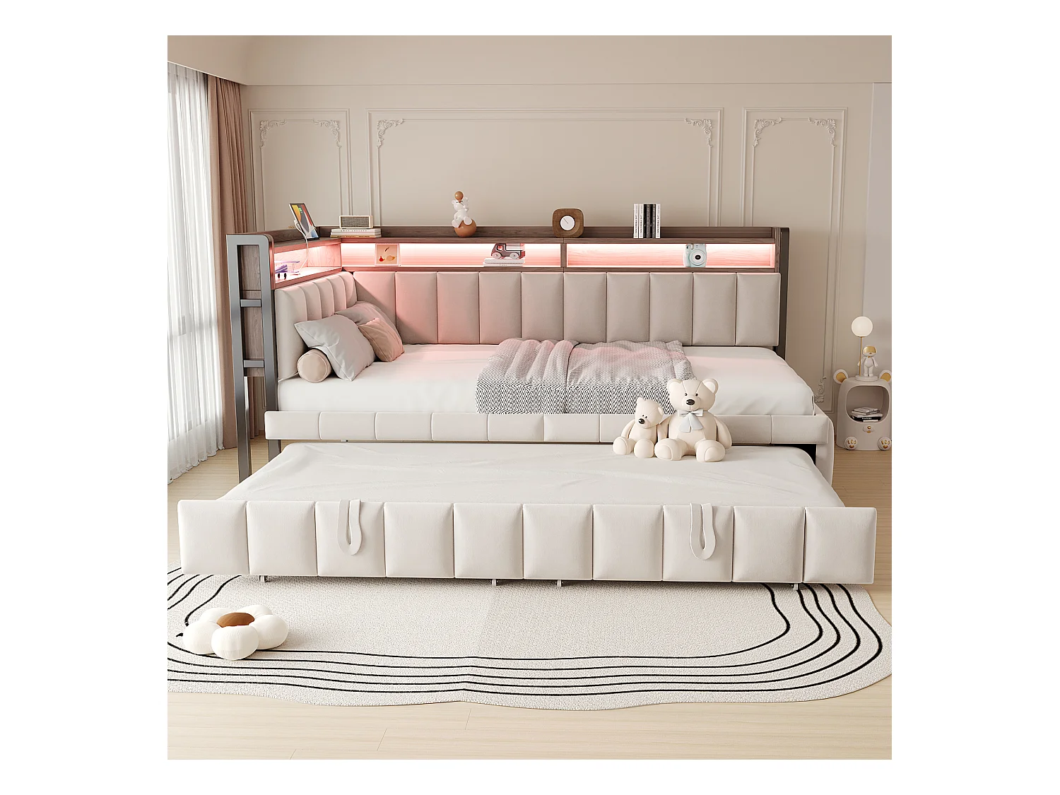 Lit banquette 90x200cm avec lit gigogne 90x190cm, éclairage LED, ports USB et Type-C, rangement, tissu velours beige