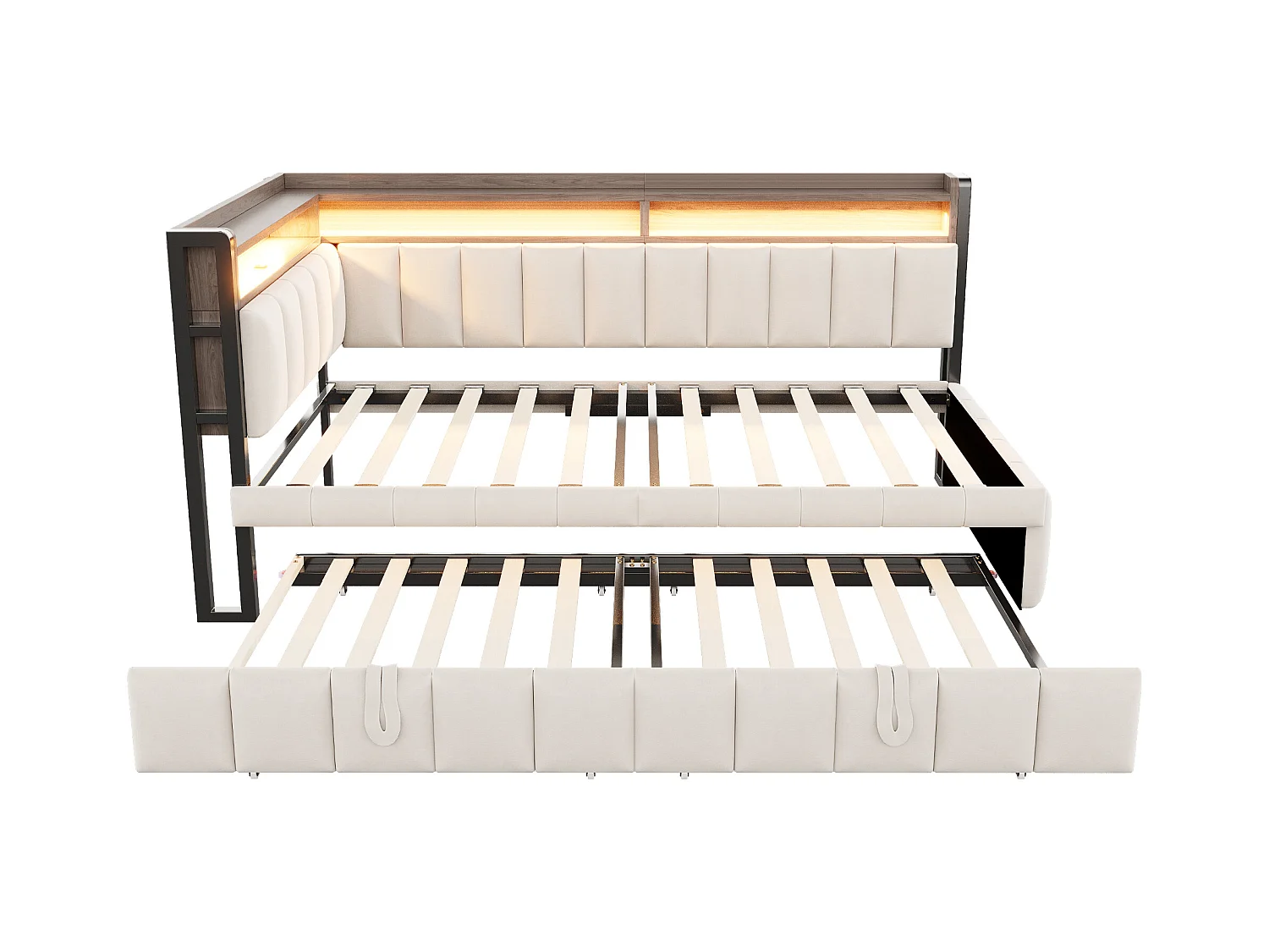 Lit banquette 90x200cm avec lit gigogne 90x190cm, éclairage LED, ports USB et Type-C, rangement, tissu velours beige