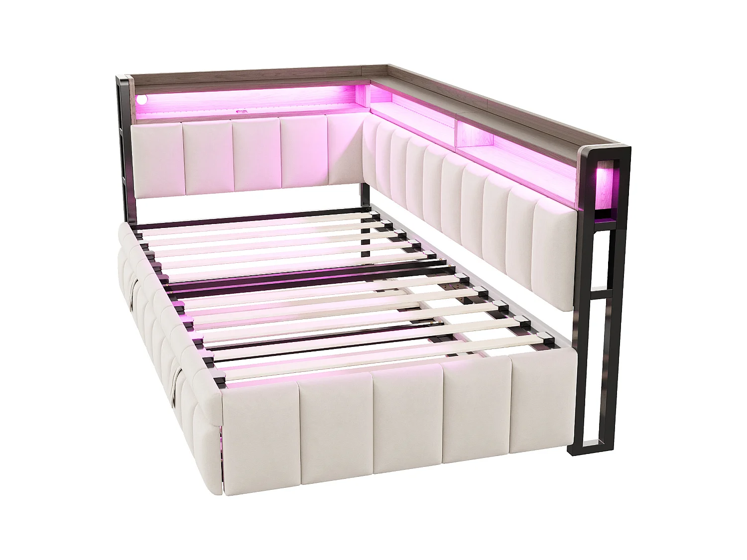 Lit banquette 90x200cm avec lit gigogne 90x190cm, éclairage LED, ports USB et Type-C, rangement, tissu velours beige