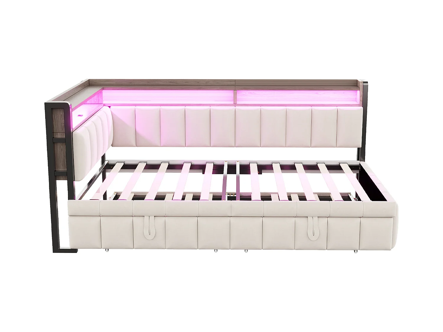 Lit banquette 90x200cm avec lit gigogne 90x190cm, éclairage LED, ports USB et Type-C, rangement, tissu velours beige