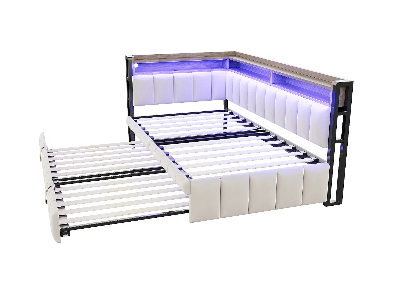Lit banquette 90x200cm avec lit gigogne 90x190cm, éclairage LED, ports USB et Type-C, rangement, tissu velours beige