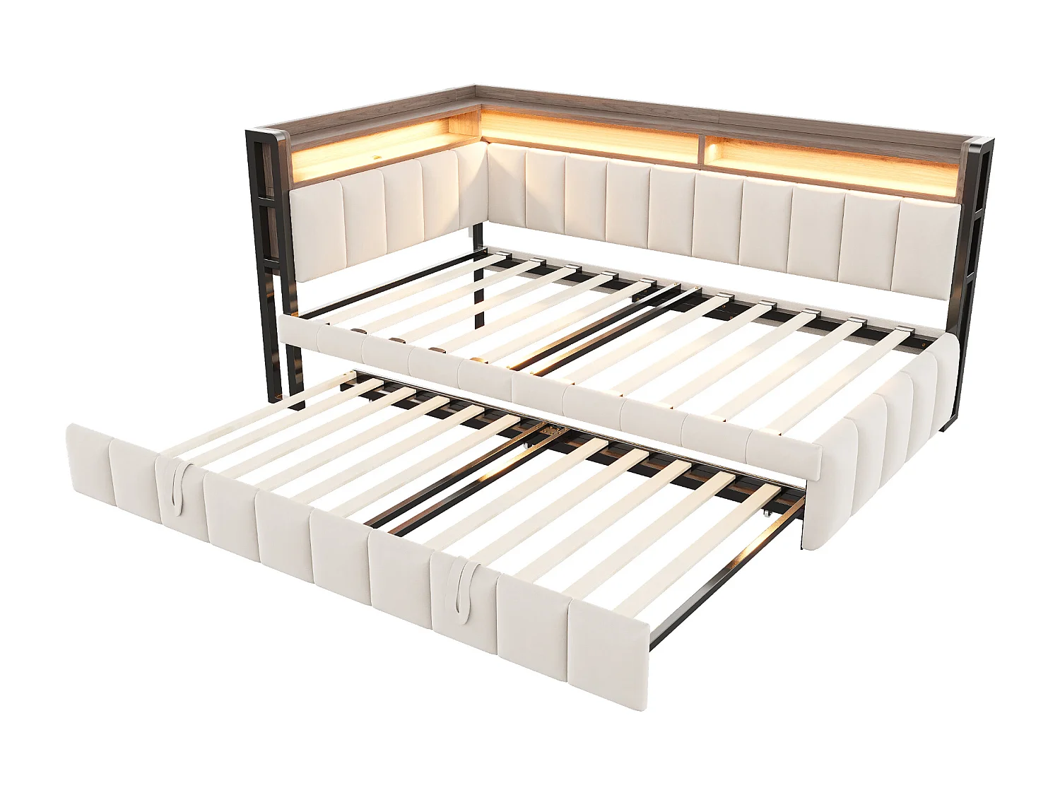 Lit banquette 90x200cm avec lit gigogne 90x190cm, éclairage LED, ports USB et Type-C, rangement, tissu velours beige