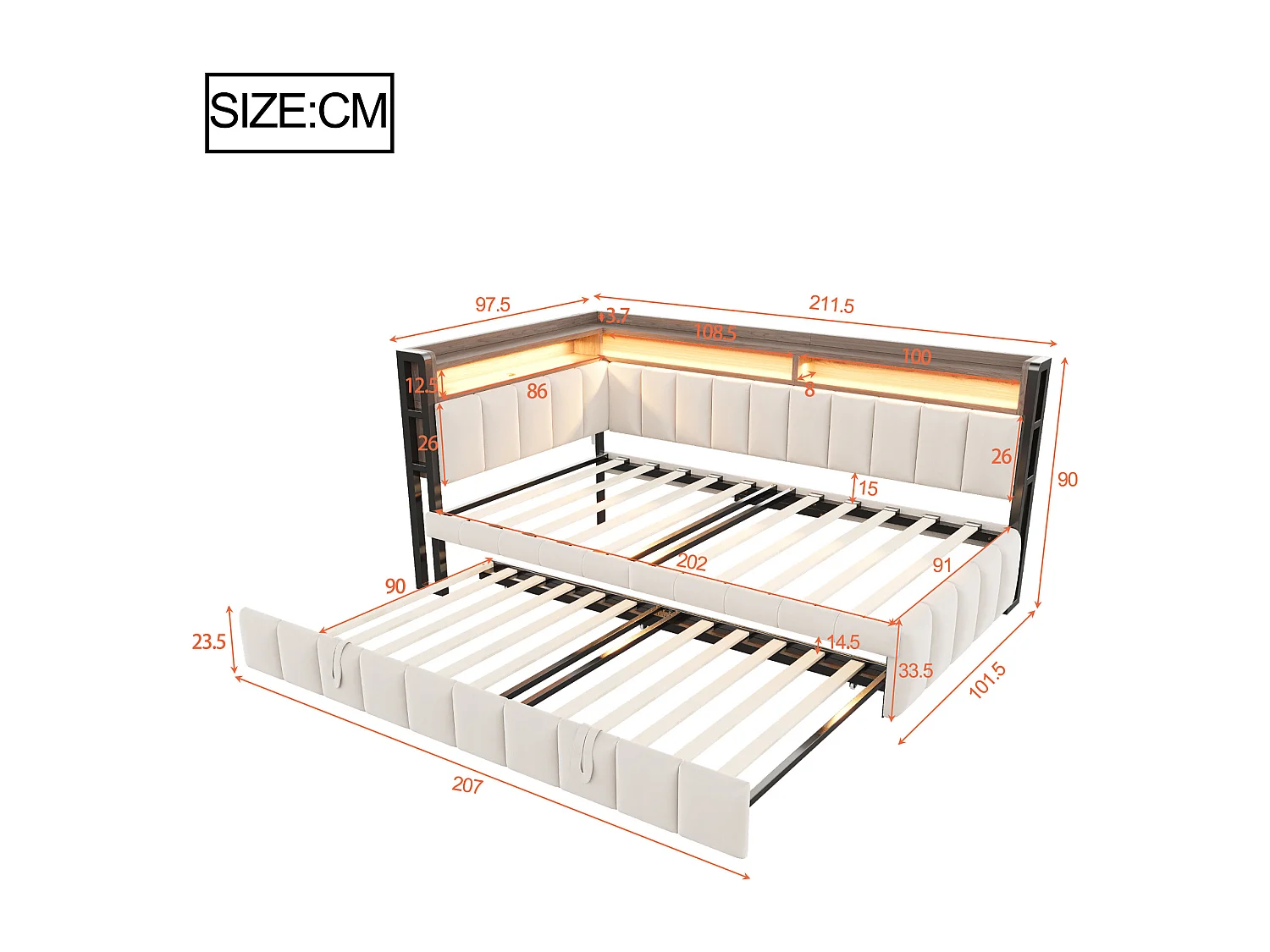 Lit banquette 90x200cm avec lit gigogne 90x190cm, éclairage LED, ports USB et Type-C, rangement, tissu velours beige