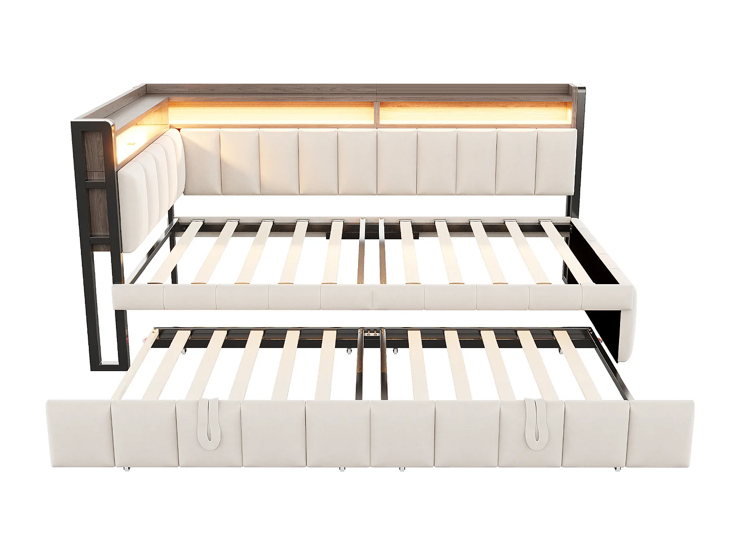 Lit banquette 90x200cm avec lit gigogne 90x190cm, éclairage LED, ports USB et Type-C, rangement, tissu velours beige