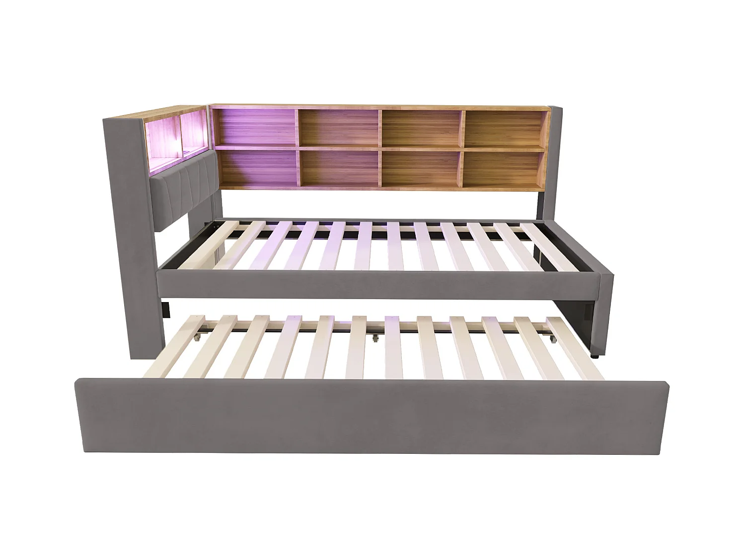 Divano letto grigio scuro 90x200cm con letto estraibile 90x190cm, illuminazione a LED, prese e spazio di archiviazione, flanella