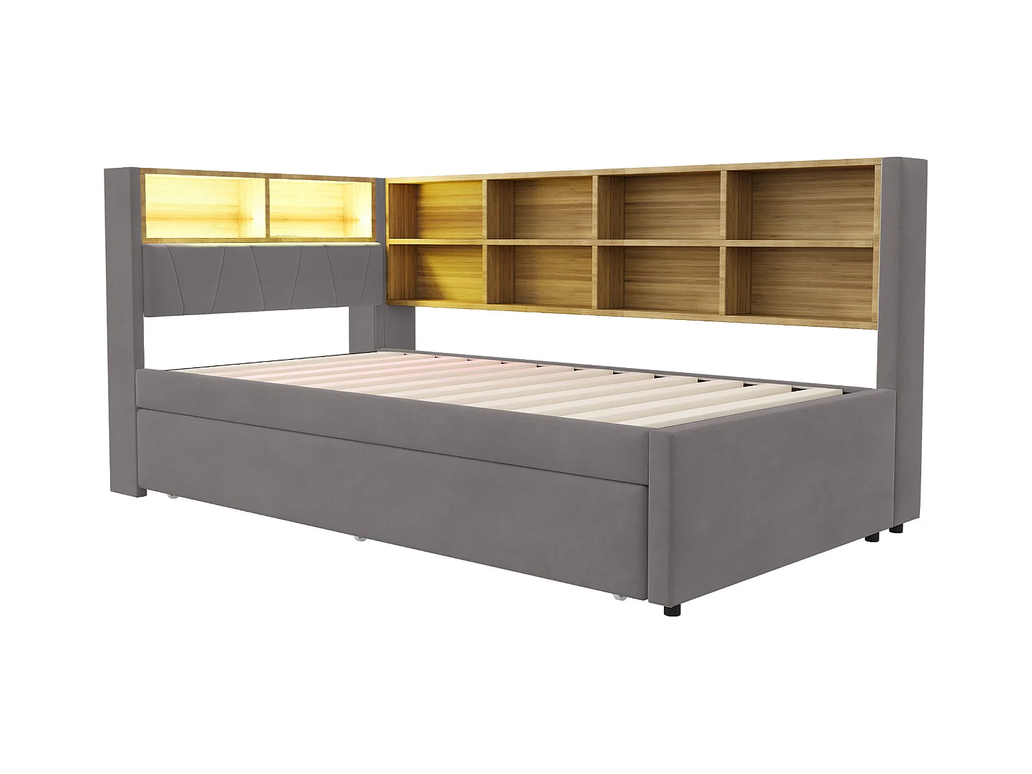 Divano letto grigio scuro 90x200cm con letto estraibile 90x190cm, illuminazione a LED, prese e spazio di archiviazione, flanella