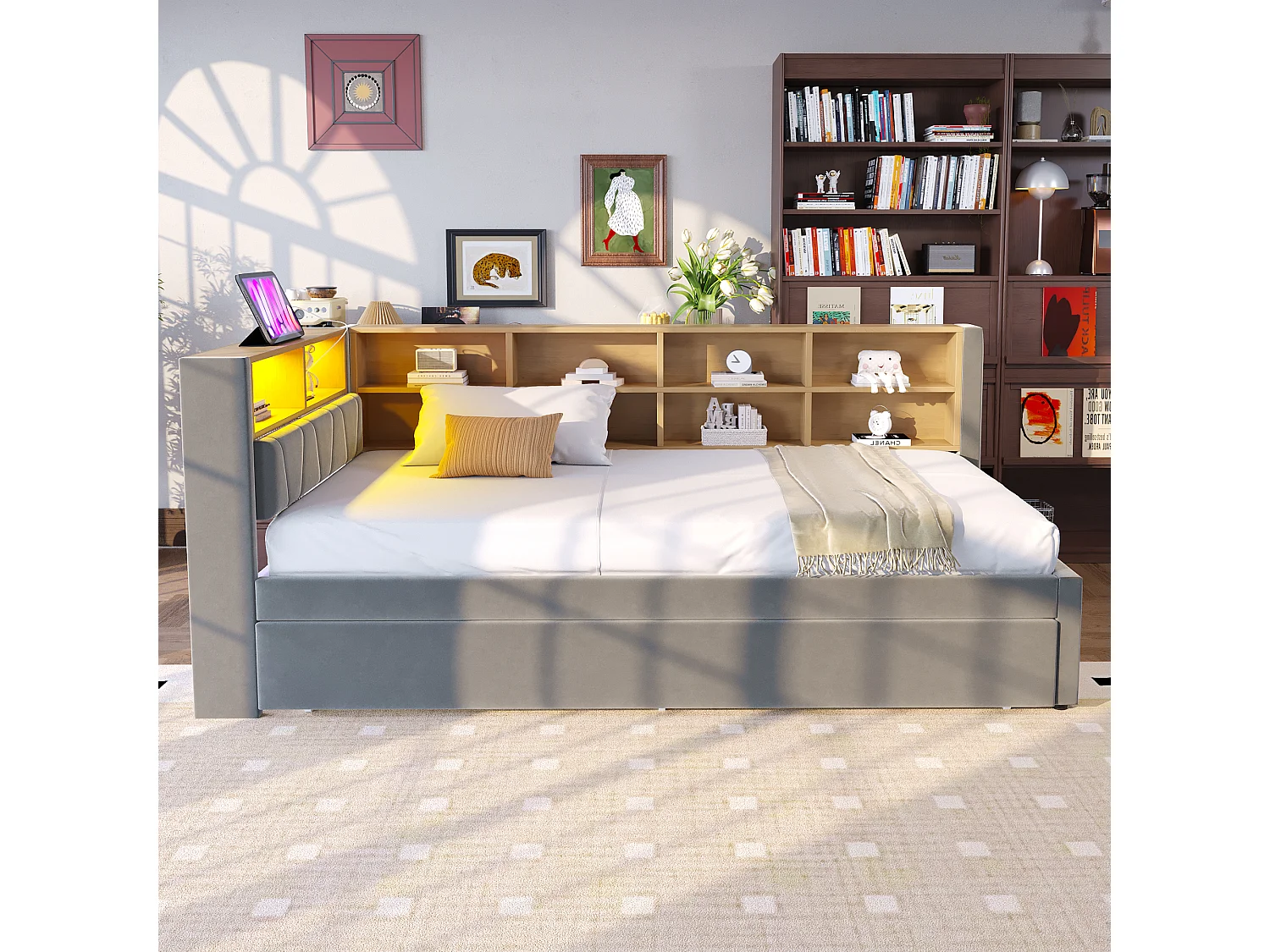 Donkergrijs slaapbank 90x200cm met uitschuifbed 90x190cm, LED-verlichting, stopcontacten en opbergruimte, flanel