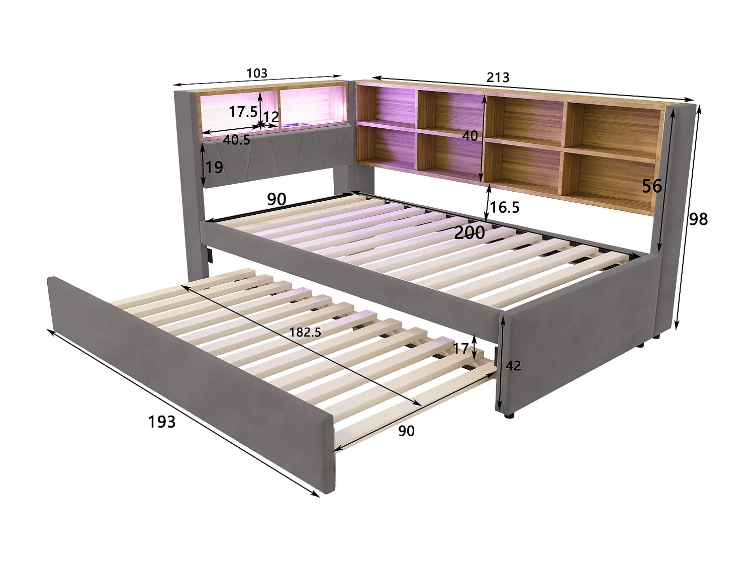 Donkergrijs slaapbank 90x200cm met uitschuifbed 90x190cm, LED-verlichting, stopcontacten en opbergruimte, flanel