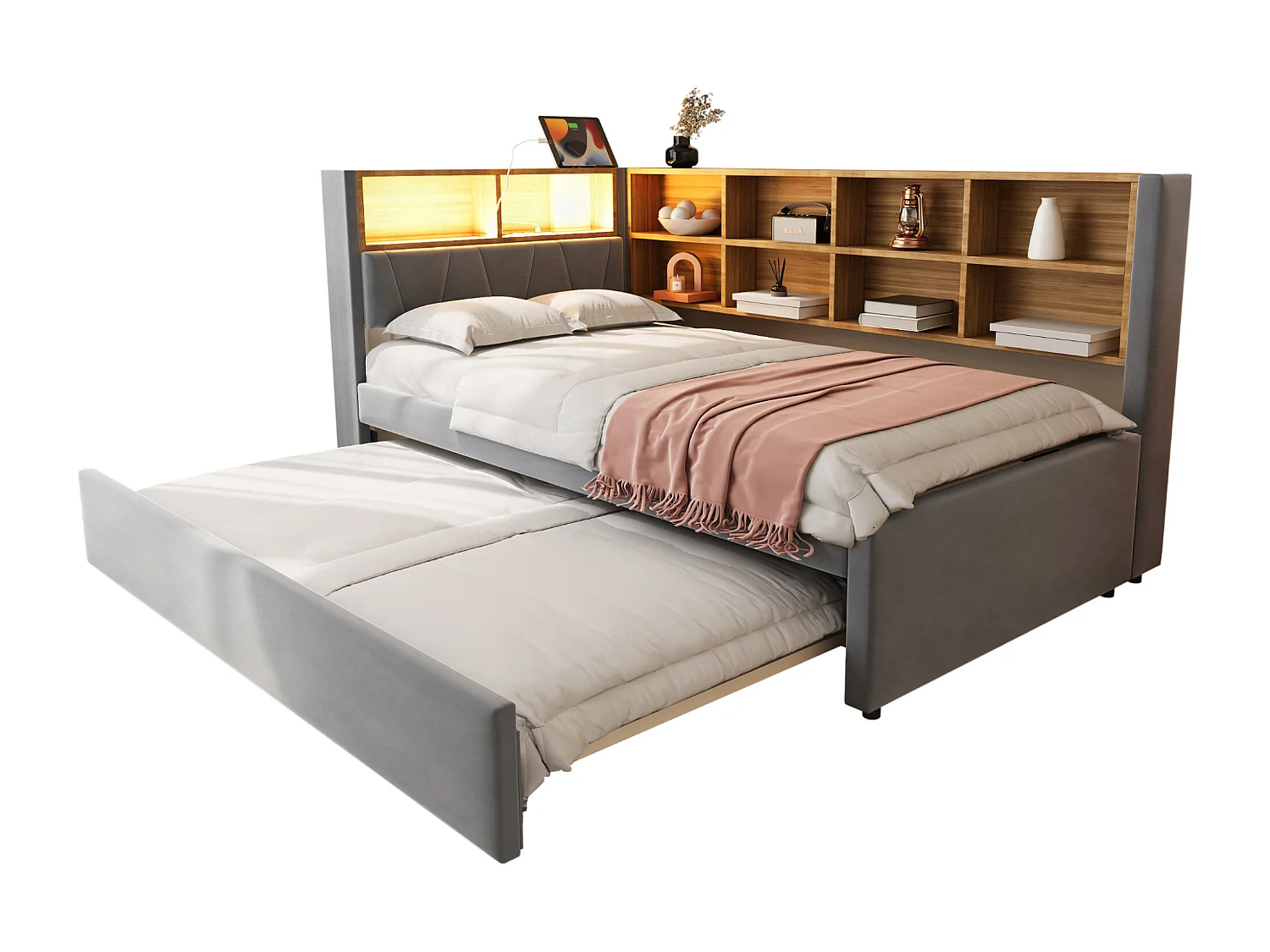 Donkergrijs slaapbank 90x200cm met uitschuifbed 90x190cm, LED-verlichting, stopcontacten en opbergruimte, flanel