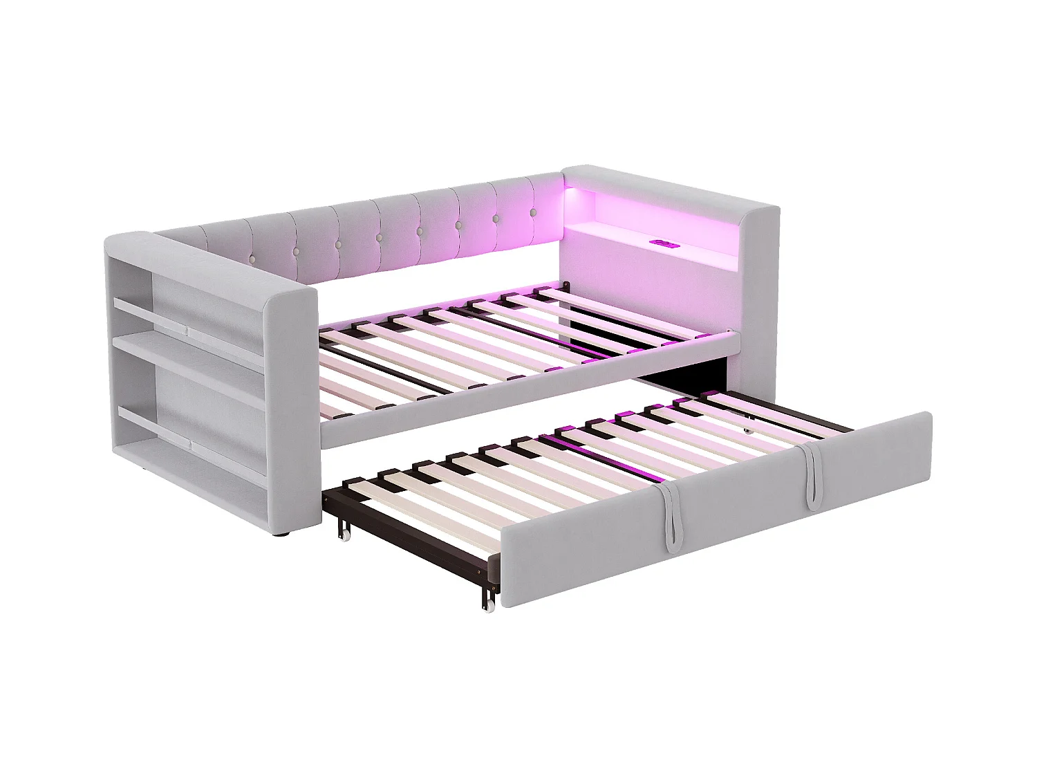 Divano letto 90/180 x 190 cm con illuminazione a LED, presa di corrente e contenitore, flanella grigio chiaro