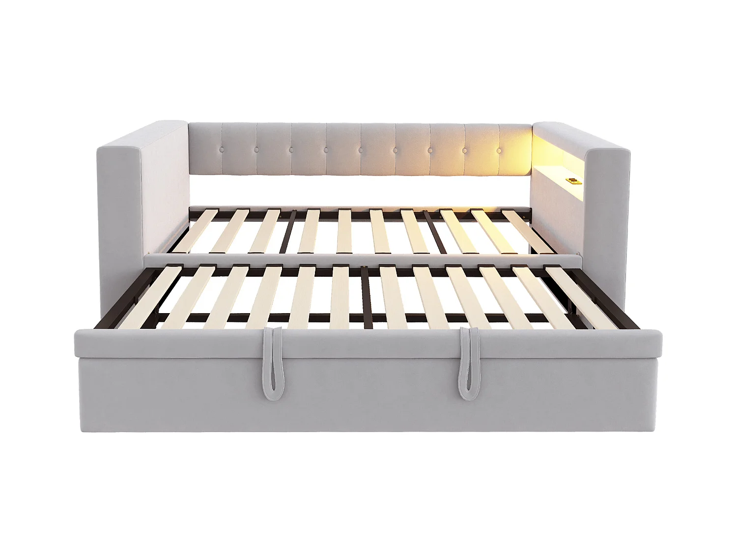 Divano letto 90/180 x 190 cm con illuminazione a LED, presa di corrente e contenitore, flanella grigio chiaro