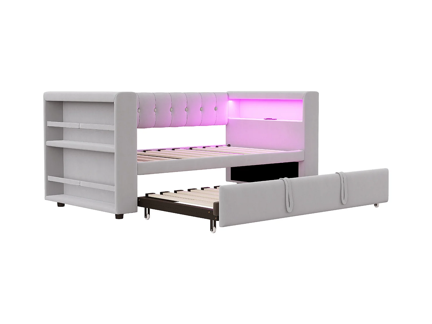 Divano letto 90/180 x 190 cm con illuminazione a LED, presa di corrente e contenitore, flanella grigio chiaro