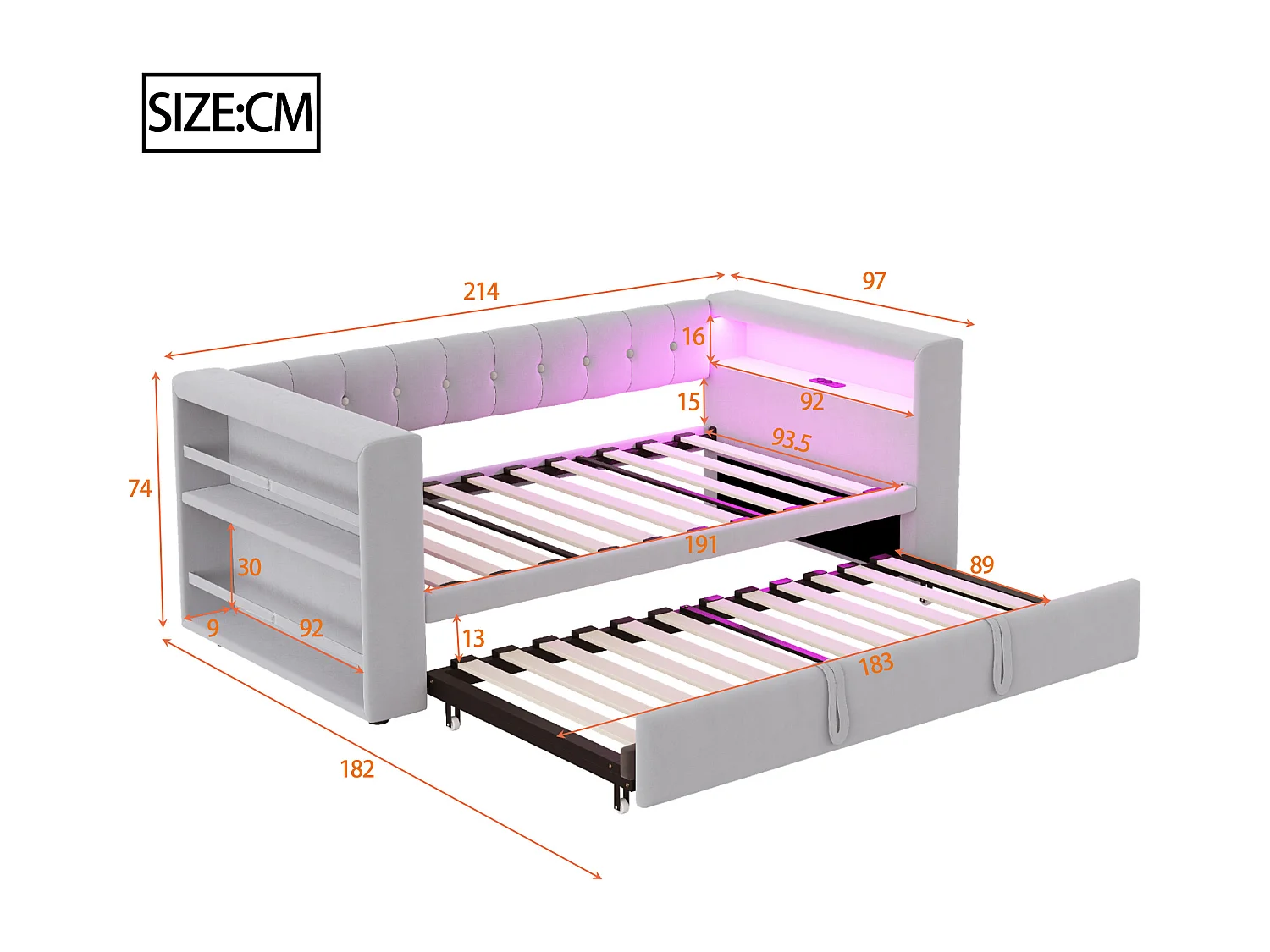 Lit banquette 90/180 x 190 cm avec éclairage LED, prise de courant et rangement, flanelle gris clair