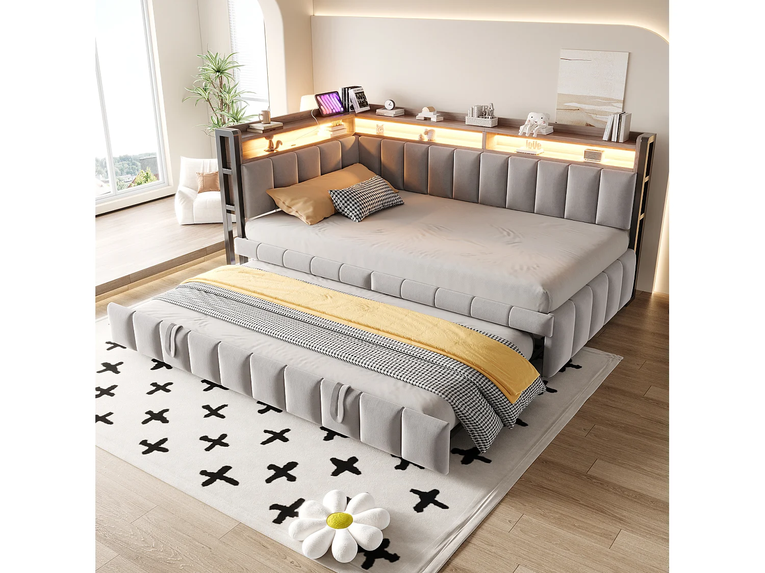 Lit banquette 90x200cm avec lit gigogne 90x190cm, éclairage LED, ports USB et Type-C, rangement, tissu velours gris clair