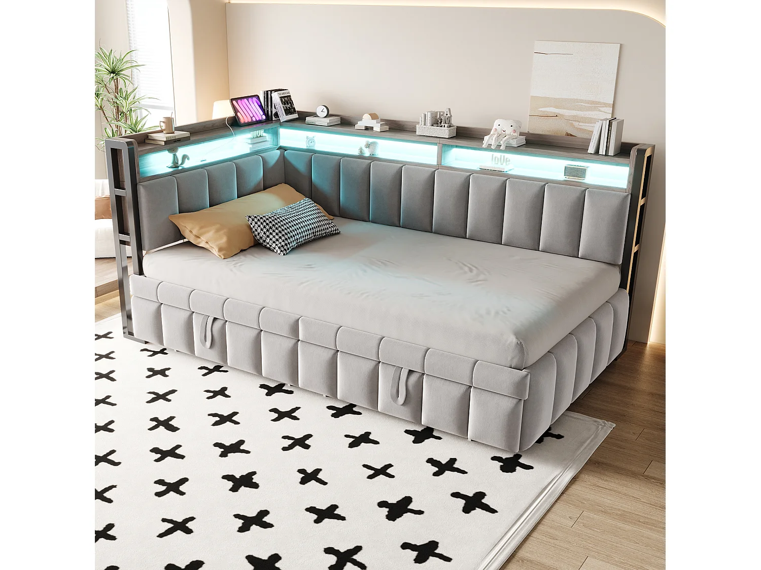Lit banquette 90x200cm avec lit gigogne 90x190cm, éclairage LED, ports USB et Type-C, rangement, tissu velours gris clair