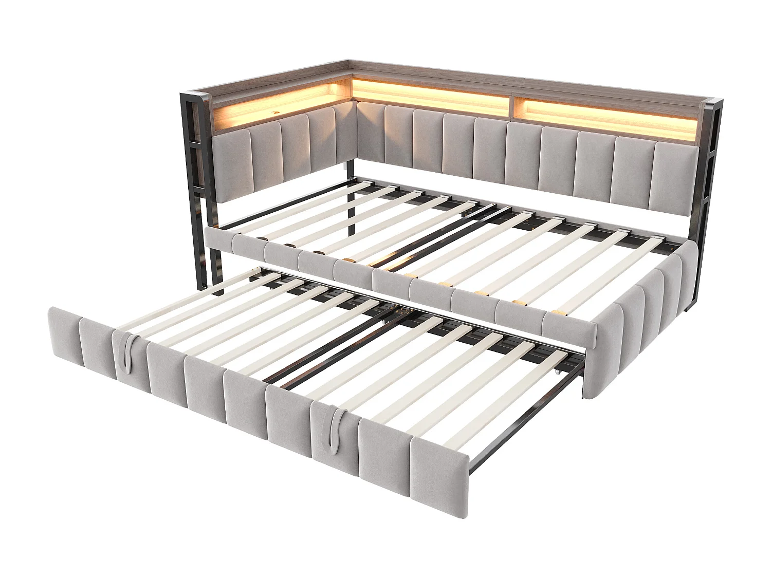 Lit banquette 90x200cm avec lit gigogne 90x190cm, éclairage LED, ports USB et Type-C, rangement, tissu velours gris clair